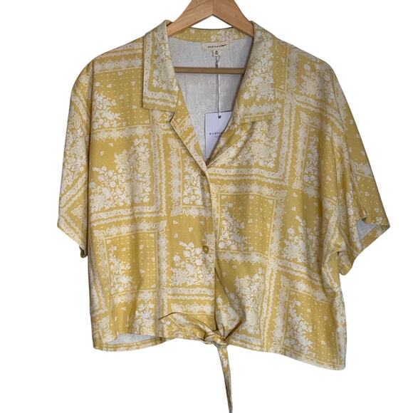 NEW AndTheWhy Yellow Linen Button Down Blouse Womens 2X Resortwear Patchwork - Picture 1 of 8